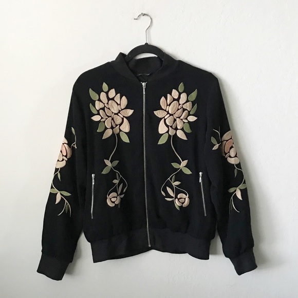Topshop Jackets & Blazers - Topshop Floral Embroidered Bomber Jacket